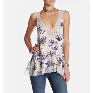 Free People Bell Flower Ivory Blue Lace Double V Boho Lightweight Tunic Tank XS